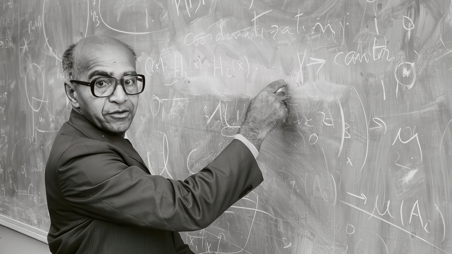 David Blackwell writing mathematical equations on a chalkboard while teaching