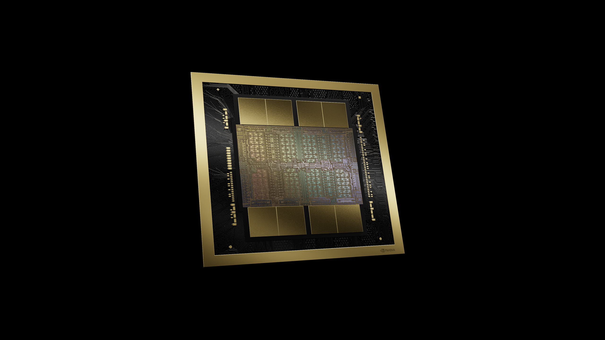 NVIDIA Blackwell GPU die render showing the intricate chip architecture with gold-framed design